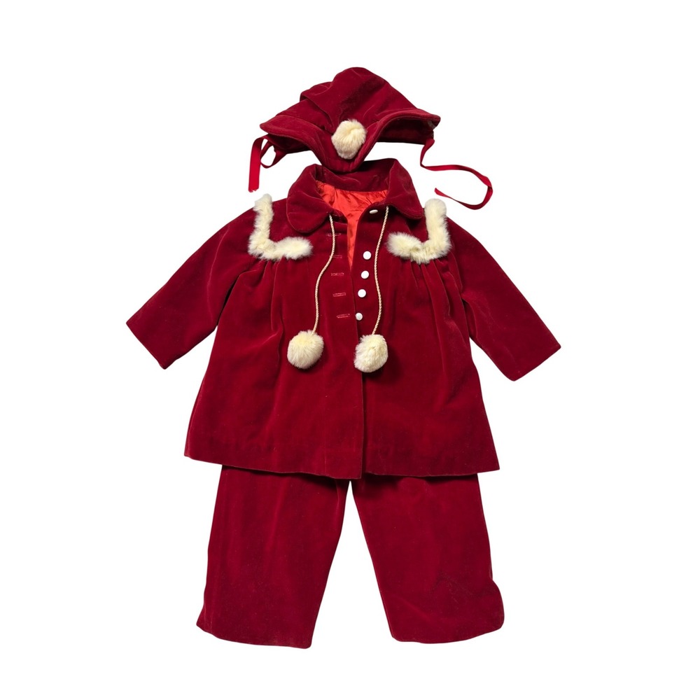 Vintage 40s/50s‎ Handmade Red Velvet Baby Christmas Set Jacket Pants Hat